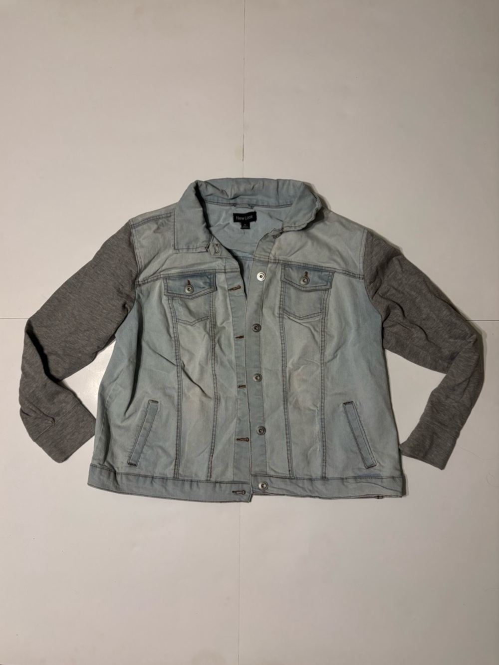 New Look Light Wash Denim Jacket with Gray Knit Sleeves